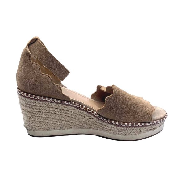 Boho Tan Suede Scalloped Jute Espadrille Wedge Sandals 8.5 Ankle Strap Festival - Picture 5 of 9